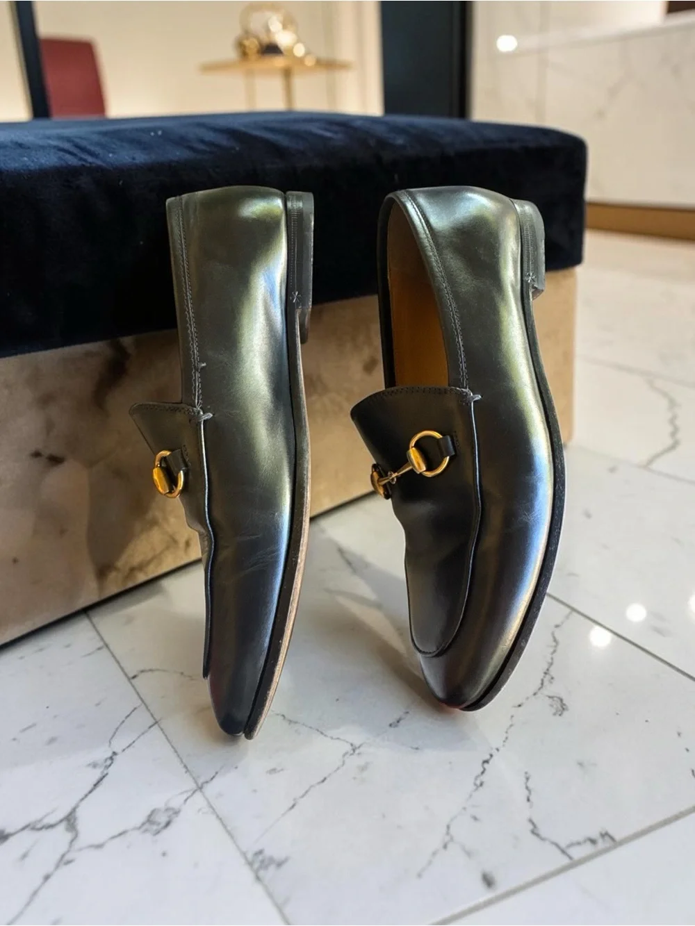 Gucci Betis Glamour Nero 404069 Black Leather Horsebit Loafers Gold Tone Sz 35.5
